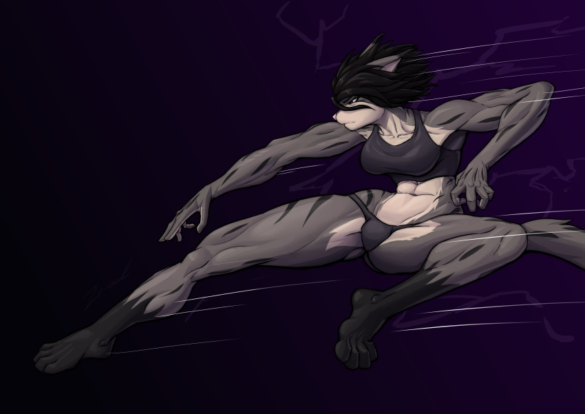 2023 abs absurd_res anthro athletic athletic_female biceps clothing dark_hair digital_drawing_(artwork) digital_media_(artwork) domestic_cat elwyna_(za-owl) felid feline felis female flowing_hair gradient_background hair hi_res looking_away mammal purple_eyes short_hair simple_background smile solo stripes suspended_in_midair topwear za-owl