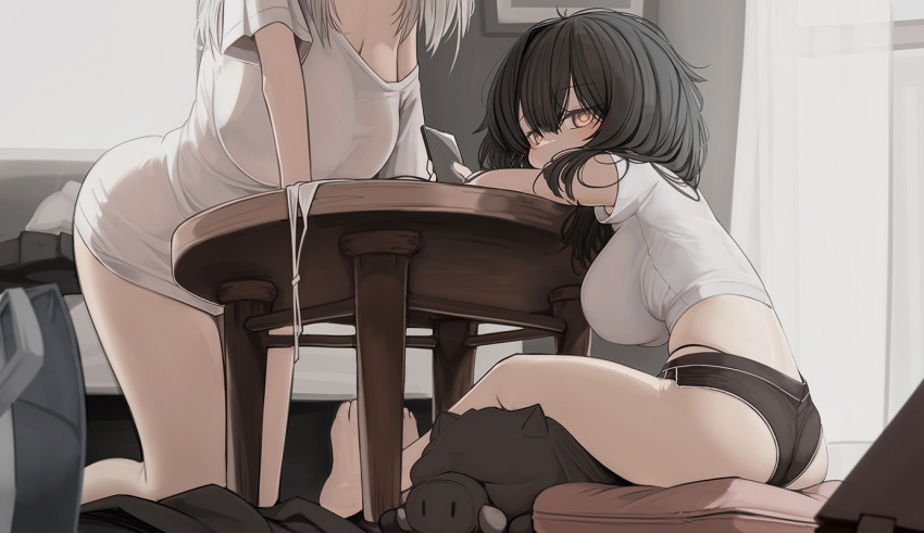 2girls ass barefoot black_hair black_shorts breasts cleavage commentary_request curtains genek grey_hair indoors kneeling large_breasts looking_at_viewer multiple_girls original shirt short_hair shorts sitting t-shirt table thighs toes white_shirt window yellow_eyes