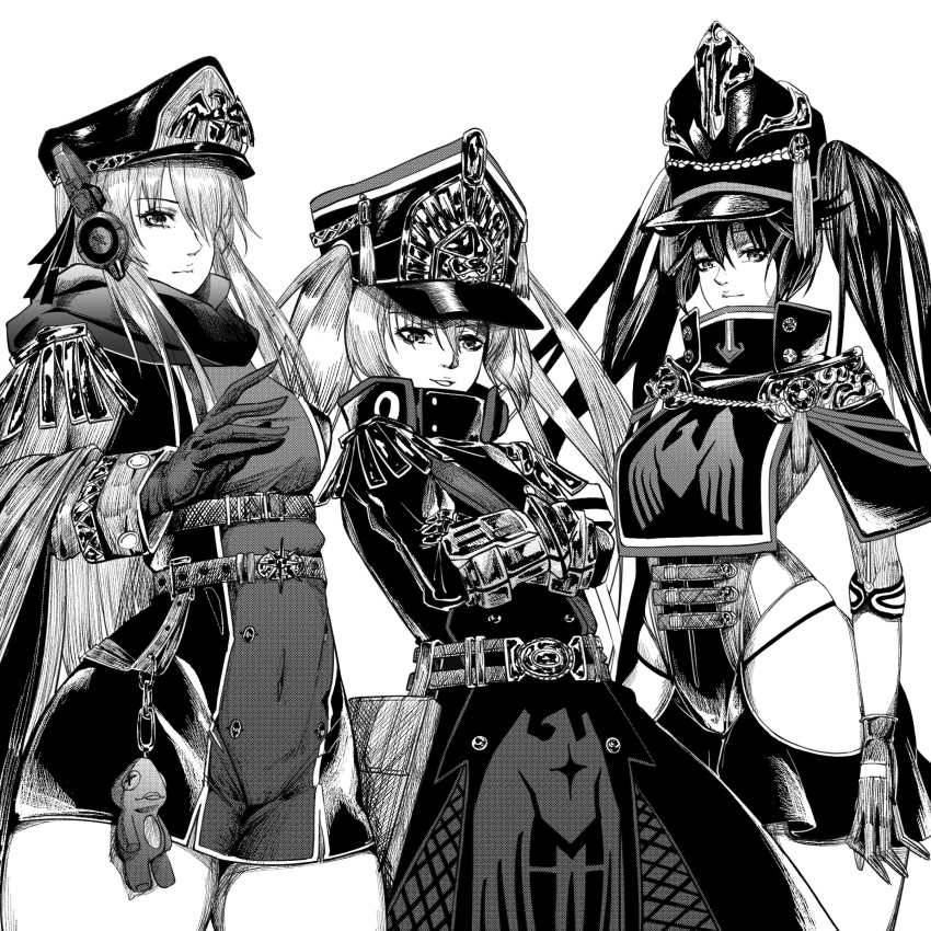 3girls absurdres aiguillette alpha_(punishing:_gray_raven) altair_(re:creators) altair_(re:creators)_(cosplay) alternate_costume belt bird breast_curtains coat commentary_request cosplay crossed_arms eagle epaulettes gloves greyscale hair_between_eyes hat headphones highleg highleg_panties highres jacket long_hair lucia:_crimson_abyss_(punishing:_gray_raven) lucia_(punishing:_gray_raven) luna_(punishing:_gray_raven) military_hat military_jacket military_uniform monochrome multiple_girls panties punishing:_gray_raven re:creators sash scarf shako_cap shoulder_sash siblings sidelocks sisters stuffed_animal stuffed_frog stuffed_toy twintails underwear uniform very_long_hair visor_cap wanlai_bu_shiman