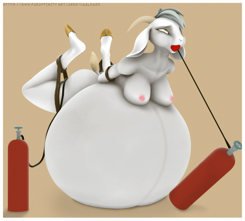 3d_(artwork) air_inflation air_tank anthro bdsm belly belly_expansion belly_inflation bondage bound bovid caprine digital_media_(artwork) expansion female gag gagged goat hi_res hose_in_butt hose_in_mouth hose_inflation hyper hyper_inflation immobile inflation laying_on_ground looking_pleasured looking_up lying mammal nipple_piercing nipples on_front piercing rope solo source_filmmaker vaalhard