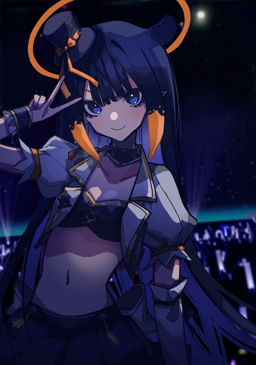 1girl absurdres arm_up asymmetrical_sleeves black_bra black_hair black_headwear black_skirt blue_eyes bra breasts closed_mouth collarbone commentary crop_top cropped_shirt detached_sleeves english_commentary halo hat highres hololive hololive_english hololive_idol_uniform_(bright) idol light_blush looking_at_viewer mentally_deficient mini_hat multicolored_hair navel ninomae_ina'nis official_alternate_costume open_clothes open_shirt orange_hair pointy_ears puffy_short_sleeves puffy_sleeves shirt short_sleeves sidelocks skirt small_breasts smile solo stomach takodachi_(ninomae_ina'nis) tentacle_hair two-tone_hair underwear v virtual_youtuber white_shirt wrist_cuffs