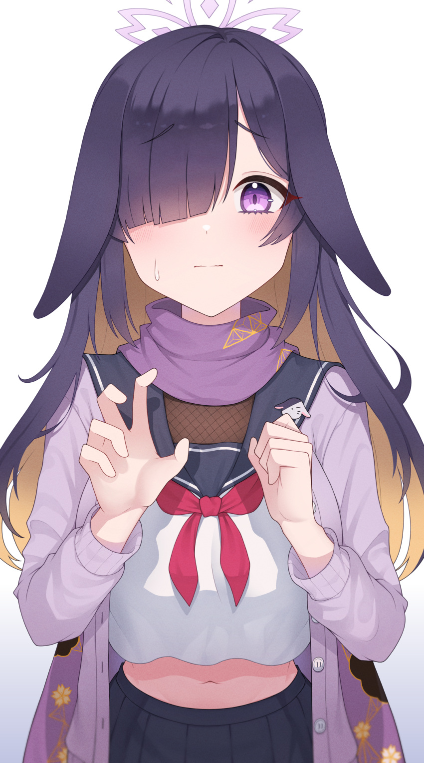 1girl absurdres animal_ears blue_archive blush breasts cleavage closed_mouth hair_over_one_eye halo highres long_bangs long_hair long_sleeves looking_at_viewer parted_bangs purple_eyes purple_hair purple_scarf scarf sidelocks simple_background solo tsukuyo_(blue_archive) white_background yamggu