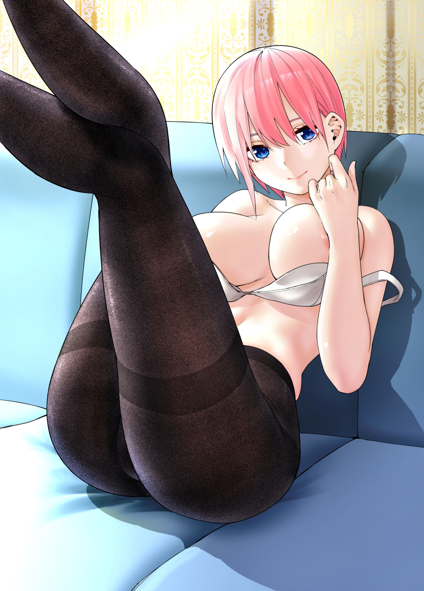 1girl absurdres areola_slip ass black_pantyhose blue_eyes blush bra bra_pull breasts closed_mouth clothes_pull collarbone couch feet_out_of_frame go-toubun_no_hanayome hair_between_eyes highres indoors kosmos_beta large_breasts legs_up looking_at_viewer nakano_ichika navel on_couch pantyhose pink_hair shadow short_hair sitting smile solo stomach strap_slip thighband_pantyhose underwear white_bra