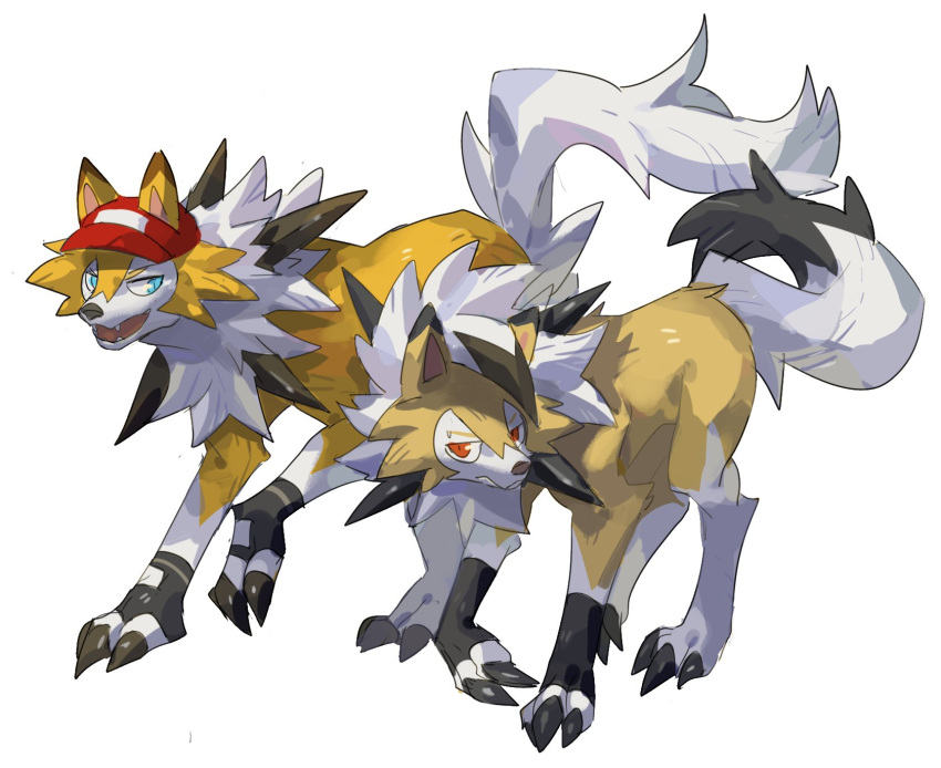 &gt;:) baseball_cap blue_eyes chinese_commentary claws commentary_request ears_through_headwear eye_contact fangs from_side full_body hat highres looking_at_another lycanroc lycanroc_(dusk) lycanroc_(midday) no_humans open_mouth orange_eyes pokemon pokemon_(creature) red_headwear simple_background slit_pupils standing sweatdrop v-shaped_eyebrows white_background xiaopizi32439