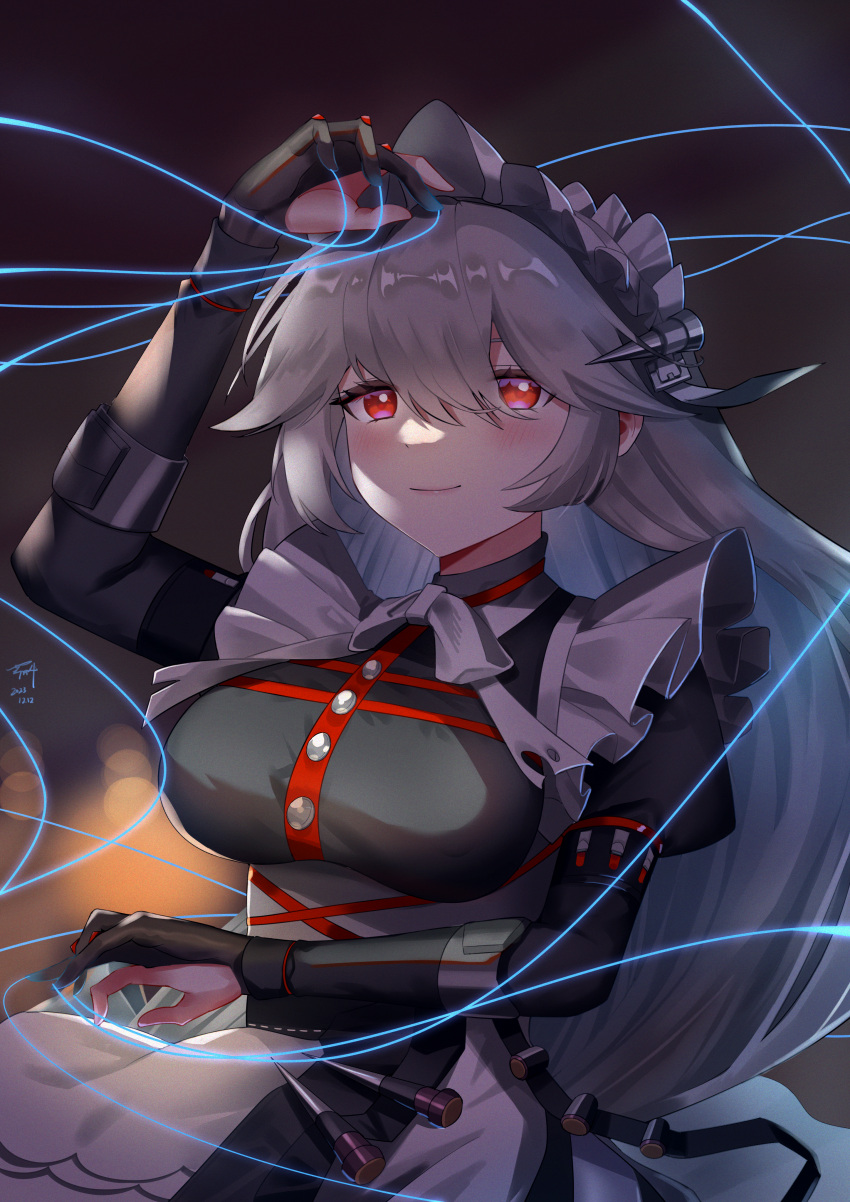 1girl absurdres alexandrina_sebastiane black_dress black_gloves breasts dress gloves grey_hair hair_between_eyes highres holding long_hair maid maid_headdress qinyuzhen red_eyes solo very_long_hair wire zenless_zone_zero