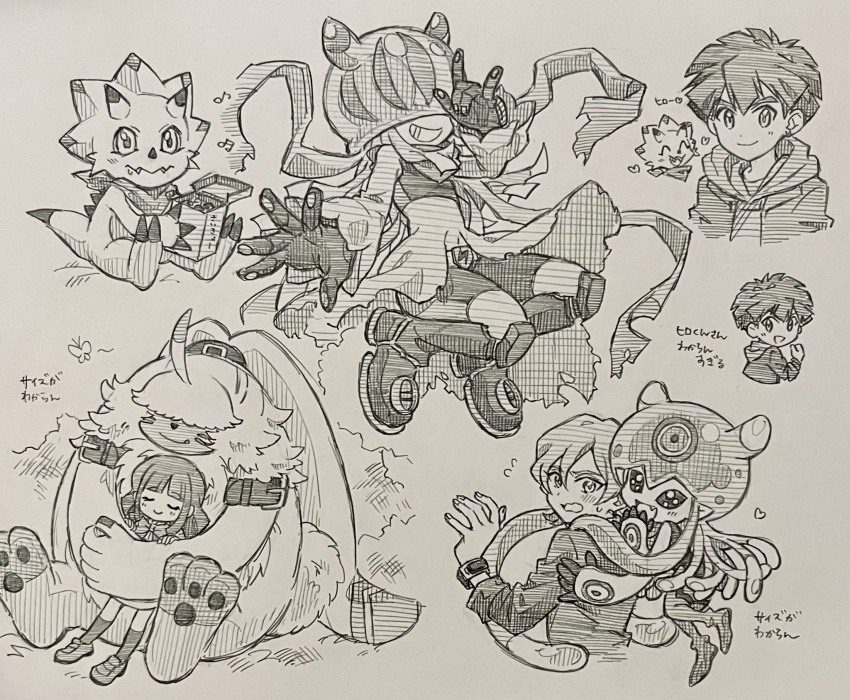 angoramon anthro bandai_namco clothing digimon digimon_(species) digimon_ghost_game embrace female gammamon group hi_res hiro_amanokawa hoodie horn hug human humanoid jellymon kiyoshiro_higashimitarai long_ears male mammal multiple_images nmgr56 pawpads ponytail_ears ruri_tsukiyono smile tentacles teslajellymon topwear