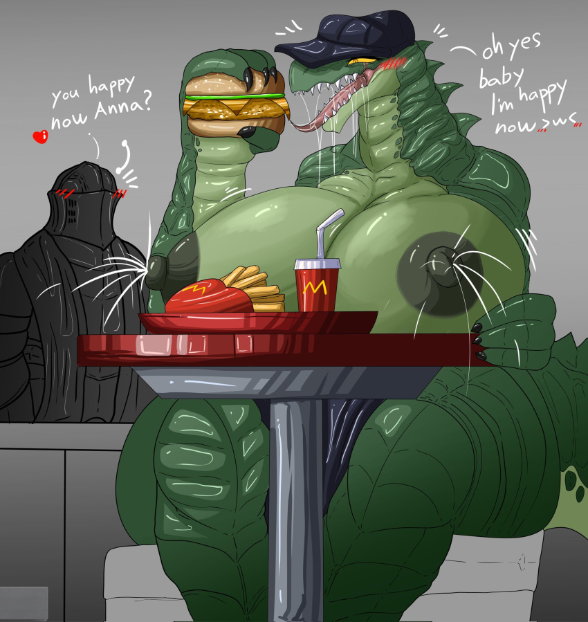 alligator alligatorid anthro areola armor big_breasts blush bodily_fluids breasts burger clothed clothing coca-cola crocodilian curvy_figure dialogue duo eating english_text female food fries green_body hat headgear headwear hi_res huge_breasts human knight lactating male mammal mcdonald's nipples non-mammal_breasts non-mammal_nipples open_mouth reptile saliva scalie simple_background sitting teeth text thick_thighs vf-01s voluptuous warrior wide_hips