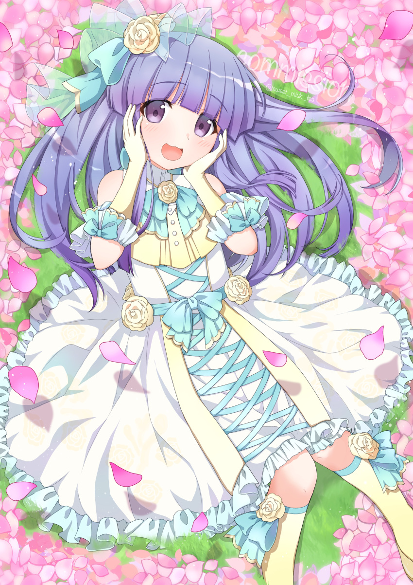 1girl absurdres bare_shoulders blue_bow blue_hair blue_ribbon blunt_bangs blush bow bridal_veil bride buttons commission cross-laced_clothes cross-laced_dress day dress elbow_gloves flat_chest flower frilled_dress frilled_gloves frills furude_rika gloves grass hair_flower hair_ornament hair_over_shoulder hands_on_own_cheeks hands_on_own_face happy highres higurashi_no_naku_koro_ni higurashi_no_naku_koro_ni_mei hime_cut kneehighs long_hair looking_at_viewer lying official_alternate_costume on_back open_mouth outdoors petals pink_petals purple_eyes ribbon rose skeb_commission sleeveless sleeveless_dress smile socks solo sweet_miuk_tea tareme twitter_username veil wavy_mouth wedding_dress white_dress yellow_flower yellow_rose