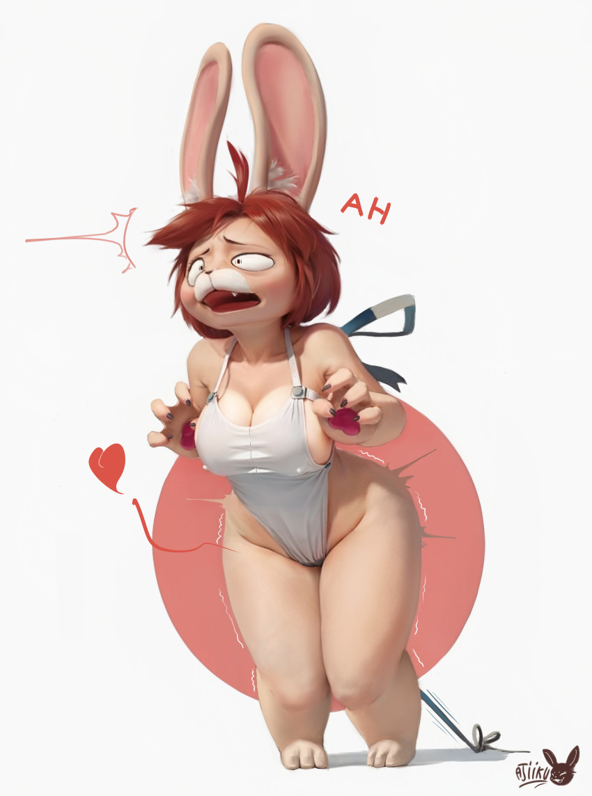 absurd_res ajiikuo anthro apron apron_only bdsm big_breasts bondage bound breasts clothing cute_expression cute_eyes female hi_res lagomorph langomorph leporid mammal nipples punny_(ajiikuo) rabbit simple_background solo stretched_clothing surprised_expression thick_thighs white_background