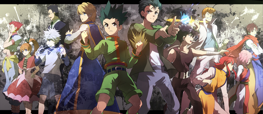 6+boys bandages biscuit_krueger black_hair blue_eyes brown_hair business_suit capelet creator_connection crossover dress dress_shirt electricity formal genkai gon_freecss hands_on_hips hiei_(yuu_yuu_hakusho) highres hisoka_(hunter_x_hunter) hunter_x_hunter jacket killua_zoldyck koenma kurama kurapika kuwabara_kazuma leorio_paladiknight long_hair looking_at_viewer multiple_boys multiple_girls necktie ouri pants pink_hair ponytail red_dress red_hair shirt short_hair shorts smile spiked_hair standing suit sunglasses tank_top urameshi_yuusuke white_hair white_shirt yuu_yuu_hakusho