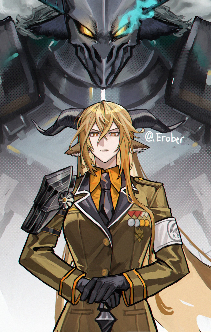 1girl 1other ambiguous_gender animal_ear_fluff animal_ears arknights arm_strap armband armor artist_name asymmetrical_hair asymmetrical_sidelocks black_gloves black_horns black_necktie black_straps blonde_hair breast_pocket breastplate breasts bright_pupils buttons collared_shirt commentary covered_face cropped_torso crossed_bangs degenbrecher_(arknights) double-parted_bangs dress_shirt epaulettes erober frown glaring gloves glowing glowing_eyes goat_ears goat_girl goat_horns green_jacket hair_between_eyes hair_flowing_over hand_rest hands_on_hilt hatching_(texture) helmet highres hilt horns insignia jacket lapels linear_hatching lips long_bangs long_hair long_sleeves looking_at_viewer medal medium_breasts metal military military_jacket military_uniform necktie notched_lapels orange_shirt parted_lips pauldrons pocket print_armband shirt shoulder_armor shoulder_pads sidelocks single_epaulette single_pauldron standing stippling_(texture) straight-on straight_hair strap teeth twitter_username uniform upper_body v-shaped_eyebrows very_long_hair vignetting white_armband white_pupils wing_collar yellow_eyes