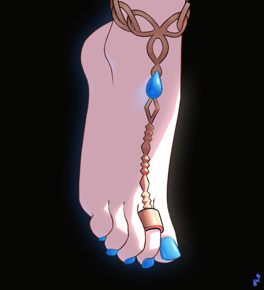 absurdres barefoot barefoot_sandals blue_nails feet feet_only foot_focus furina_(genshin_impact) genshin_impact greek_toe highres jewelry mohoshadream nail_polish pedicure simple_background toe_ring toenail_polish toenails toes