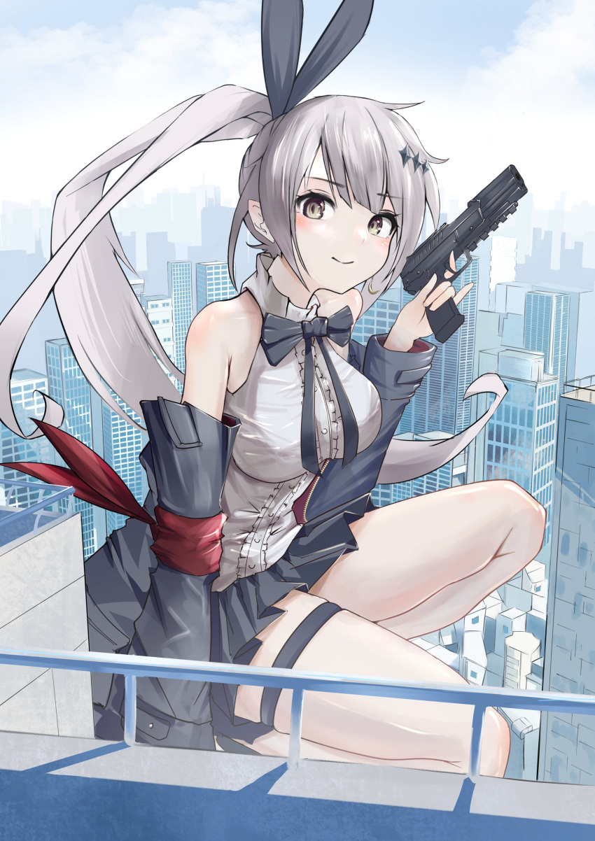 1girl absurdres artist_request bare_shoulders black_skirt brown_eyes building city closed_mouth commission english_commentary five-seven_(girls'_frontline) fn_five-seven giant giantess girls'_frontline gun handgun highres holding holding_gun holding_weapon long_hair looking_at_viewer miniskirt pleated_skirt ponytail second-party_source skeb_commission skirt skyscraper smile solo thigh_strap weapon white_hair