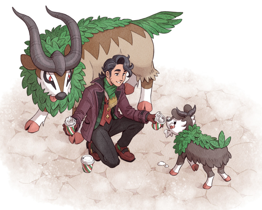 1boy augustine_sycamore augustine_sycamore_(holiday_2023) black_hair brown_footwear cappuccino cup disposable_cup effie_lealand goat_horns gogoat green_scarf horns kneeling looking_at_another male_focus official_alternate_costume pokemon pokemon_(creature) pokemon_masters_ex red_eyes scarf skiddo smile