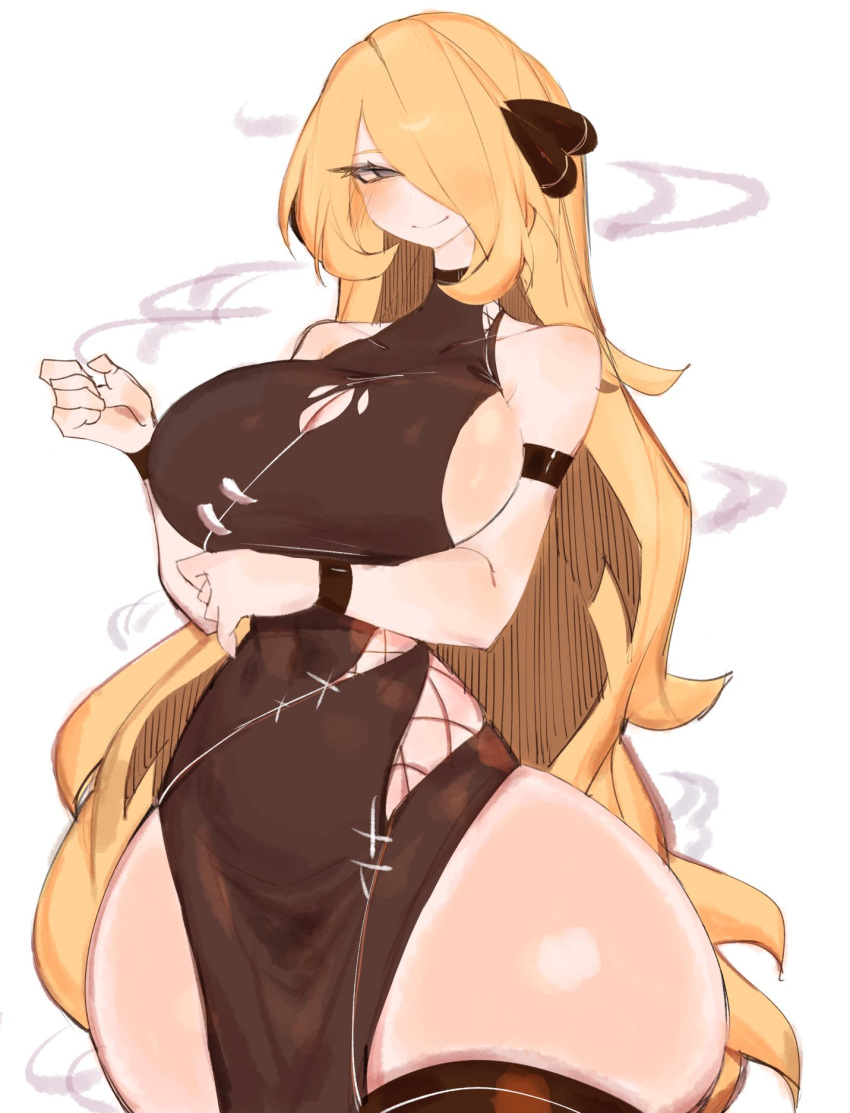 1girl black_wristband blonde_hair blush breasts chinese_clothes closed_mouth cynthia_(pokemon) grey_eyes hair_ornament hair_over_one_eye highres large_breasts long_hair looking_at_viewer mature_female pokemon pokemon_dppt smile solo usa37107692