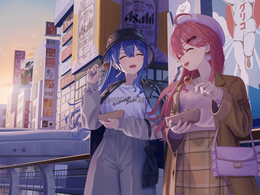 2girls absurdres ahoge asahi_breweries asakura_(asa_t77) bag bird black_headwear blue_hair blue_nails blue_sky breasts brown_coat brown_skirt bucket_hat building character_name closed_eyes cloud coat commentary_request cowboy_shot doutonbori earrings food glico glico_man gradient_sky grey_pants hair_ornament handbag hat highres holding holding_food hololive hoshimachi_suisei jacket jacket_on_shoulders jewelry large_breasts leather leather_jacket long_hair looking_at_viewer multiple_girls open_mouth orange_sky osaka_(city) outdoors pants pink_hair pink_nails pink_sweater plaid plaid_skirt railing real_world_location ribbed_sweater sakura_miko shirt sidelocks sign skirt sky small_breasts sunset sweater swept_bangs takoyaki teeth upper_teeth_only virtual_youtuber white_shirt