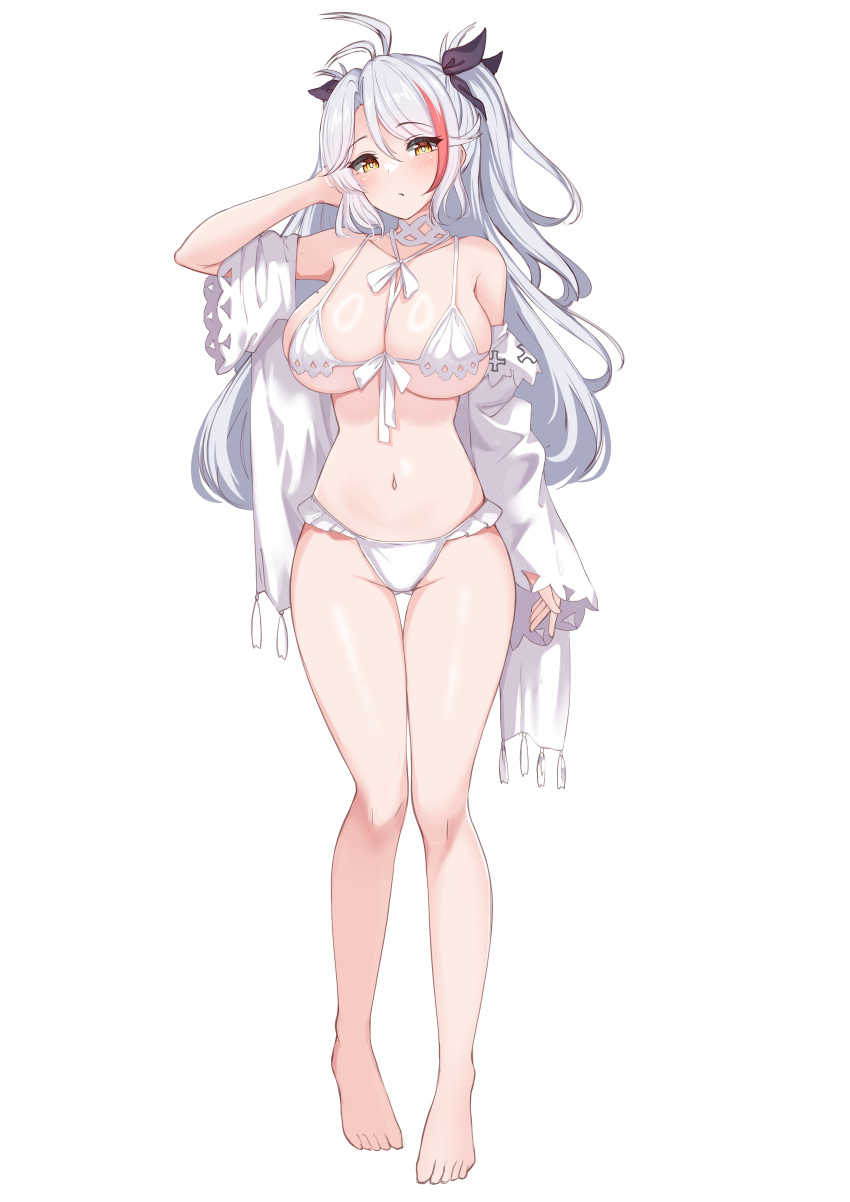 1girl absurdres animal_ear_fluff animal_ears antenna_hair azur_lane bikini black_ribbon blush_stickers breasts chibi chibi_inset cleavage closed_mouth cosplay feet_out_of_frame grey_hair groin hair_ribbon hand_up highres jacket large_breasts long_hair long_sleeves looking_at_viewer moyoron multicolored_hair navel official_alternate_costume parted_bangs prinz_eugen_(azur_lane) red_hair ribbon shinano_(azur_lane) shinano_(azur_lane)_(cosplay) shinano_(dreamy_white_sands)_(azur_lane) sideboob simple_background sleeves_past_wrists smile solo standing stomach streaked_hair swimsuit tail thigh_gap two_side_up underboob very_long_hair white_background white_bikini white_jacket wide_sleeves