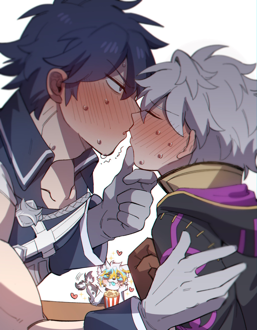 1other 2boys absurdres artist_self-insert black_claws blush chrom_(fire_emblem) claws closed_eyes english_commentary fire_emblem fire_emblem_awakening food furry half-closed_eye hand_on_another's_chin hand_on_another's_shoulder happy_aura head_on_hand heart highres imminent_kiss kiss koge_(natsub_bkoge) male_focus multiple_boys original popcorn robin_(fire_emblem) robin_(male)_(fire_emblem) sparkle sweatdrop tail tail_wagging tongue tongue_out watching white_background