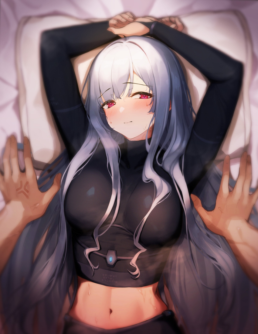 1girl 1other 3_small_spiders absurdres ak-12 anger_vein arms_up assault_rifle black_shirt blush breasts closed_mouth commentary_request crop_top fingernails girls'_frontline gun half-closed_eyes highres kalashnikov_rifle large_breasts long_hair long_sleeves looking_at_viewer lying midriff navel on_back pillow pov pov_hands red_eyes rifle shirt solo_focus steaming_body sweat turtleneck upper_body weapon