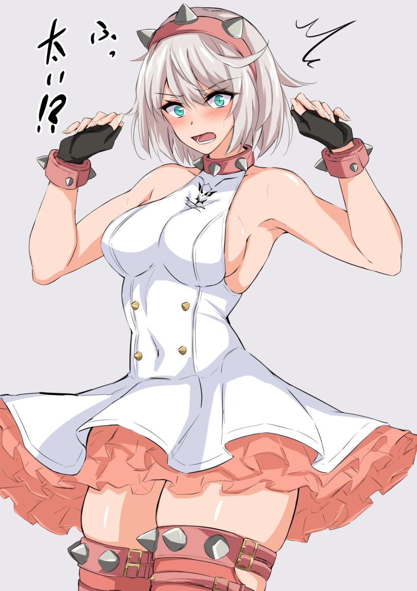 1girl bare_arms bare_shoulders breasts character_request collar commentary_request copyright_request cowboy_shot dress green_eyes grey_background grey_hair hairband hands_up highres large_breasts looking_at_viewer open_mouth petticoat pink_collar pink_hairband pink_thighhighs short_dress short_hair simple_background sleeveless sleeveless_dress solo standing thighhighs thighs watarase_piro white_dress