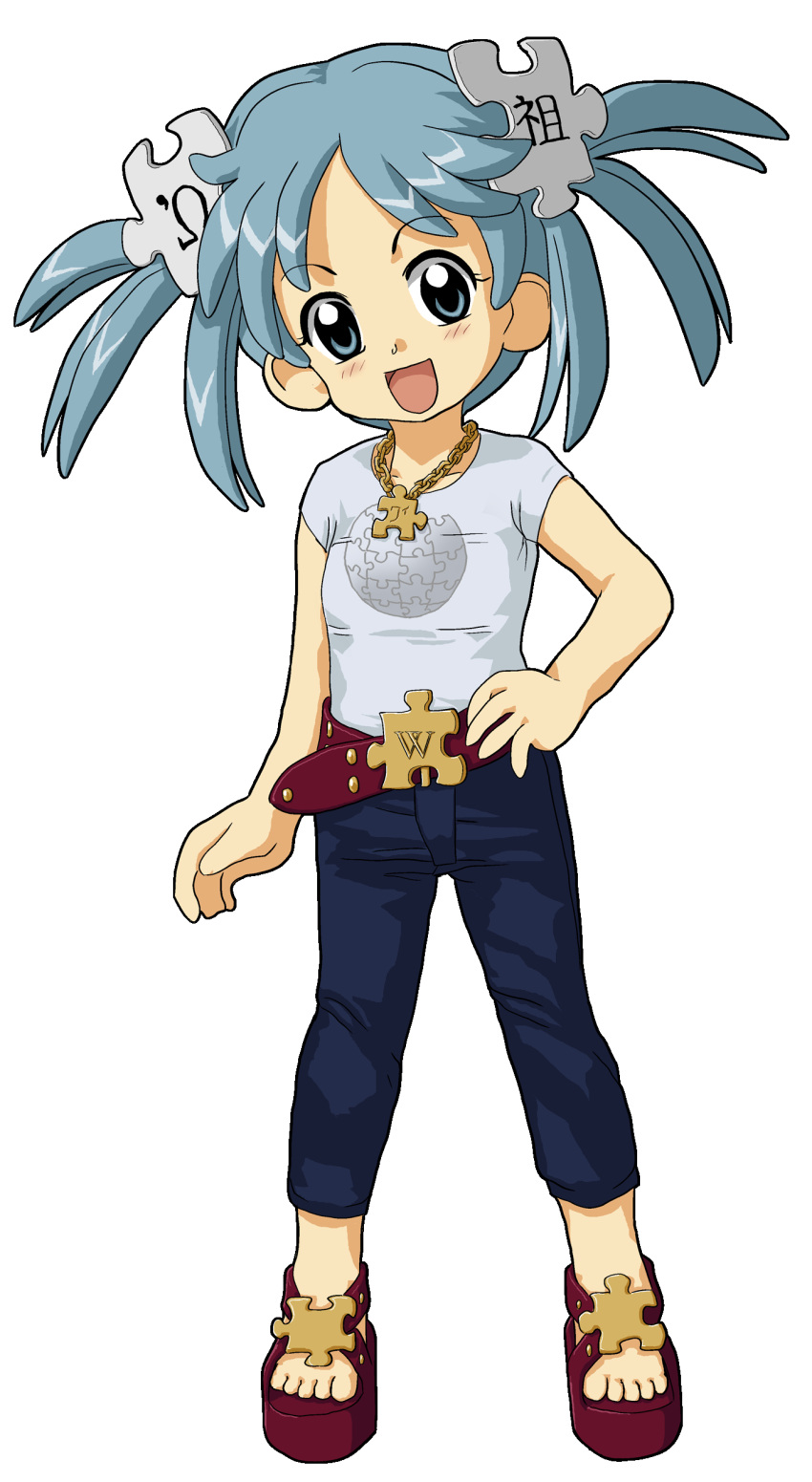 1girl :d absurdres arm_at_side belt blue_eyes blue_hair blue_pants capri_pants casual chain chain_necklace collarbone flat_chest full_body gold_chain hand_on_own_hip highres jewelry kasuga_(kasuga39) legs_apart light_blue_hair looking_at_viewer medium_hair necklace open_mouth pants puzzle_piece_hair_ornament red_belt red_footwear sandals shirt short_sleeves simple_background smile solo standing transparent_background twintails white_shirt wikipe-tan wikipedia