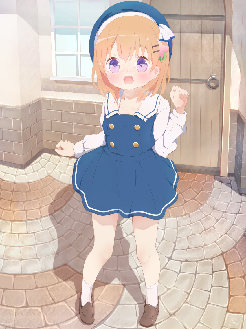 1girl 22m absurdres beret blue_dress blue_headwear blush breath brown_footwear commentary_request dress flower full_body gochuumon_wa_usagi_desu_ka? hair_flower hair_ornament hairclip hat highres hoto_cocoa long_sleeves open_mouth orange_hair outdoors purple_eyes shadow shoes short_hair socks solo standing white_sleeves white_socks