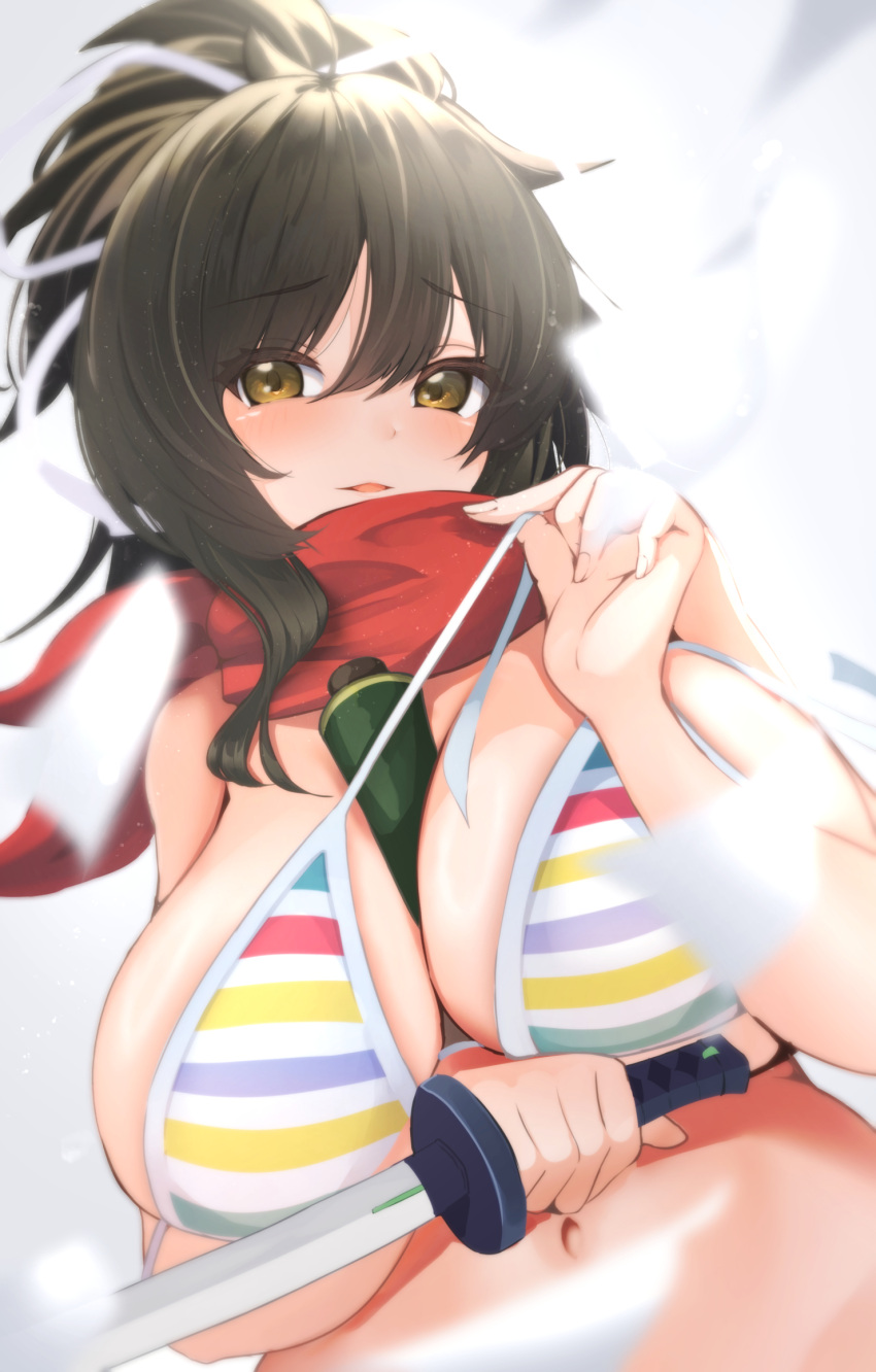 1girl asuka_(senran_kagura) azur_lane between_breasts bikini breasts brown_eyes brown_hair cleavage high_ponytail highres holding holding_sword holding_weapon large_breasts multicolored_bikini multicolored_clothes multicolored_stripes navel ponytail rainbow_bikini red_scarf reverse_grip ribbon sano_sho scarf scroll senran_kagura short_ponytail string_pull striped striped_bikini swimsuit sword untied_bikini weapon white_ribbon