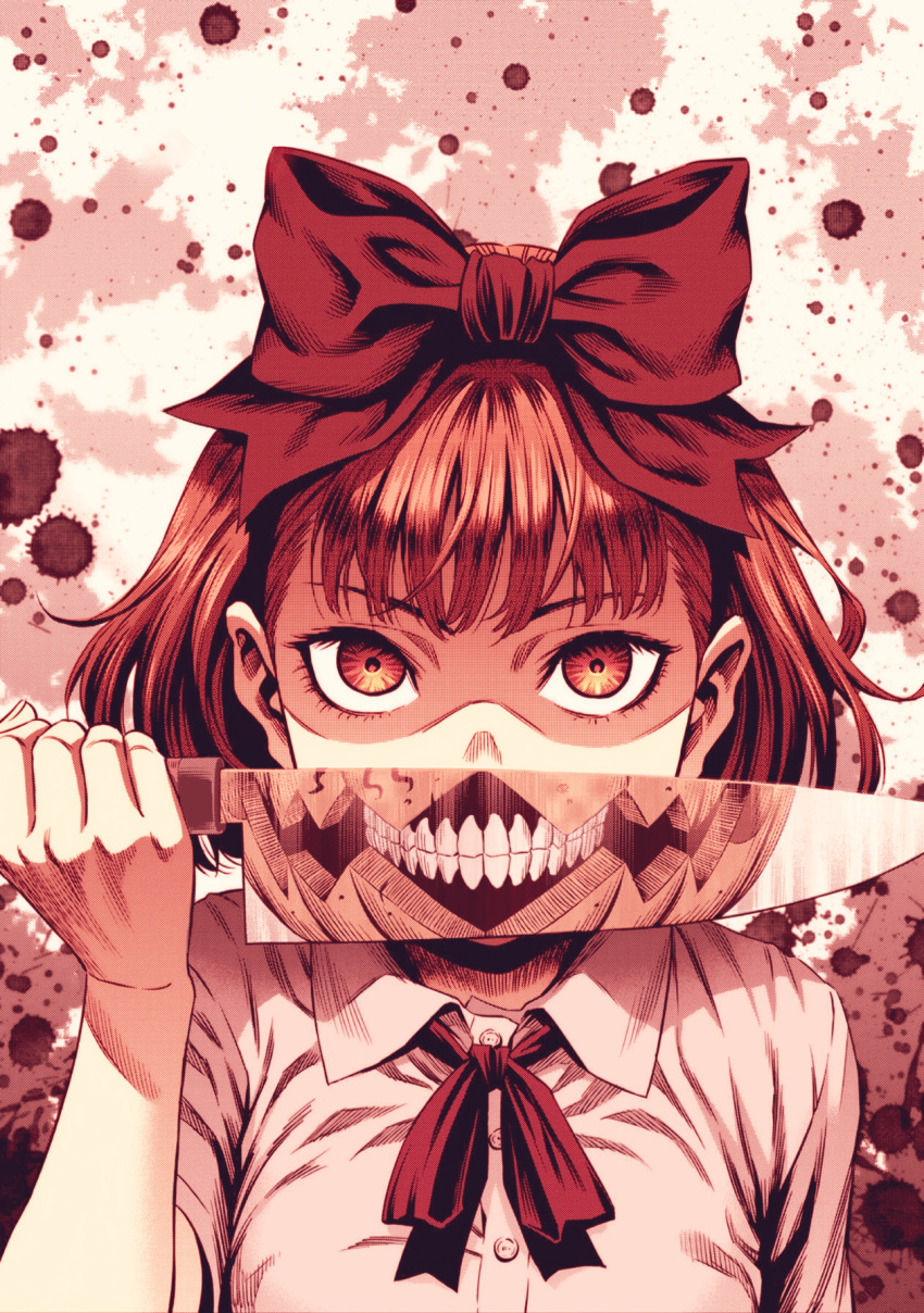 1girl artist_request blood blood_splatter bow bowtie brown_hair character_request commentary_request copyright_request dagger highres holding holding_dagger holding_knife holding_weapon knife looking_at_viewer non-web_source orange_eyes red_bow red_bowtie shirt short_hair short_sleeves solo source_request teeth weapon