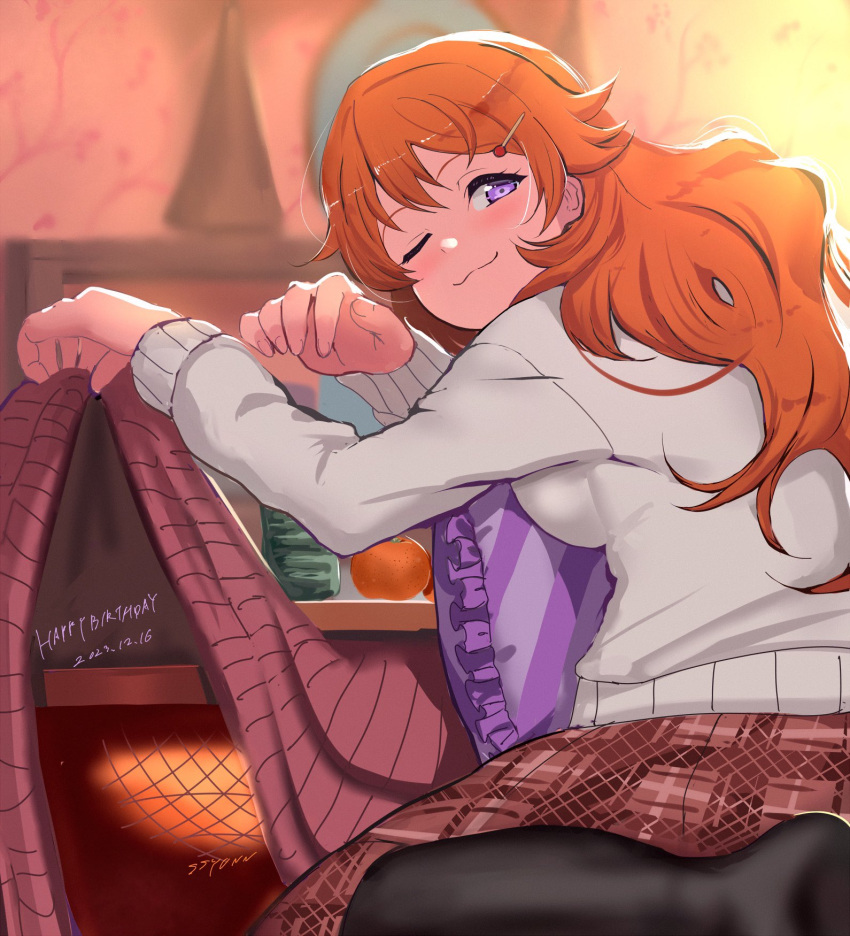 black_pantyhose cup cushion food from_behind fruit hair_ornament hairclip heater highres konoe_kanata kotatsu lifting_covers light_brown_hair long_hair looking_back love_live! love_live!_nijigasaki_high_school_idol_club mandarin_orange pantyhose plaid plaid_skirt purple_eyes red_skirt sitting skirt ssyunn sweater table tablecloth teacup wariza white_sweater