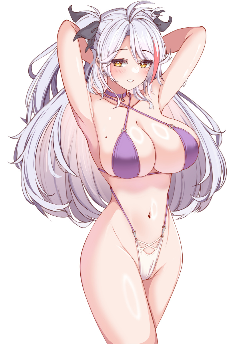 1girl absurdres armpits arms_behind_head azur_lane bikini breasts choker cleavage cosplay cowboy_shot criss-cross_halter halterneck heart highres large_breasts looking_at_viewer mole mole_on_breast moyoron multicolored_hair official_alternate_costume prinz_eugen_(azur_lane) simple_background slingshot_swimsuit solo streaked_hair swimsuit two-tone_bikini two_side_up unzen_(azur_lane) unzen_(azur_lane)_(cosplay) unzen_(sojourn_through_clear_seas)_(azur_lane) white_background