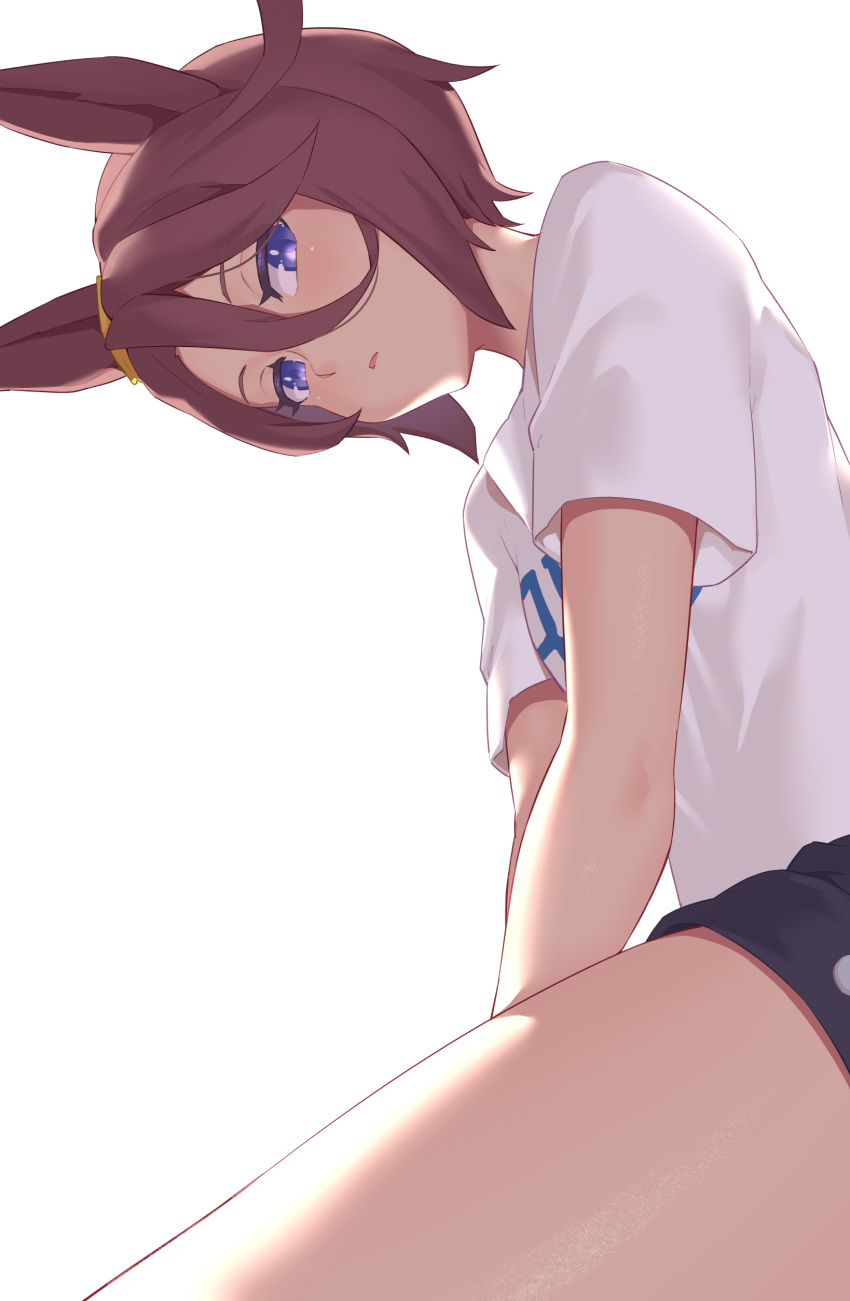 1girl absurdres animal_ears black_shorts brown_hair commentary_request from_below hair_between_eyes highres horse_ears jilu looking_at_viewer looking_down narita_taishin_(umamusume) parted_lips shirt short_hair short_shorts short_sleeves shorts simple_background solo umamusume white_background white_shirt