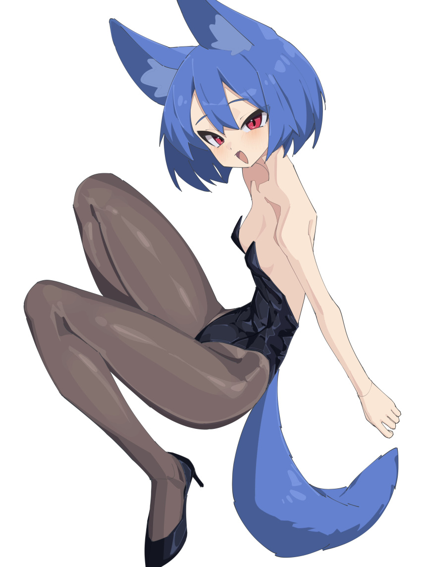 1girl :d absurdres animal_ear_fluff animal_ears backless_leotard bare_shoulders black_footwear black_leotard black_pantyhose blush bob_cut breasts commentary fox_ears fox_girl fox_tail from_side full_body good_thighs_day hair_between_eyes high_heels highleg highleg_leotard highres knees_up leotard light_blush looking_at_viewer looking_to_the_side miya_(myakuro) myakuro open_mouth original pantyhose playboy_bunny red_eyes shoes short_hair simple_background small_breasts smile solo squatting strapless strapless_leotard tail thighs white_background