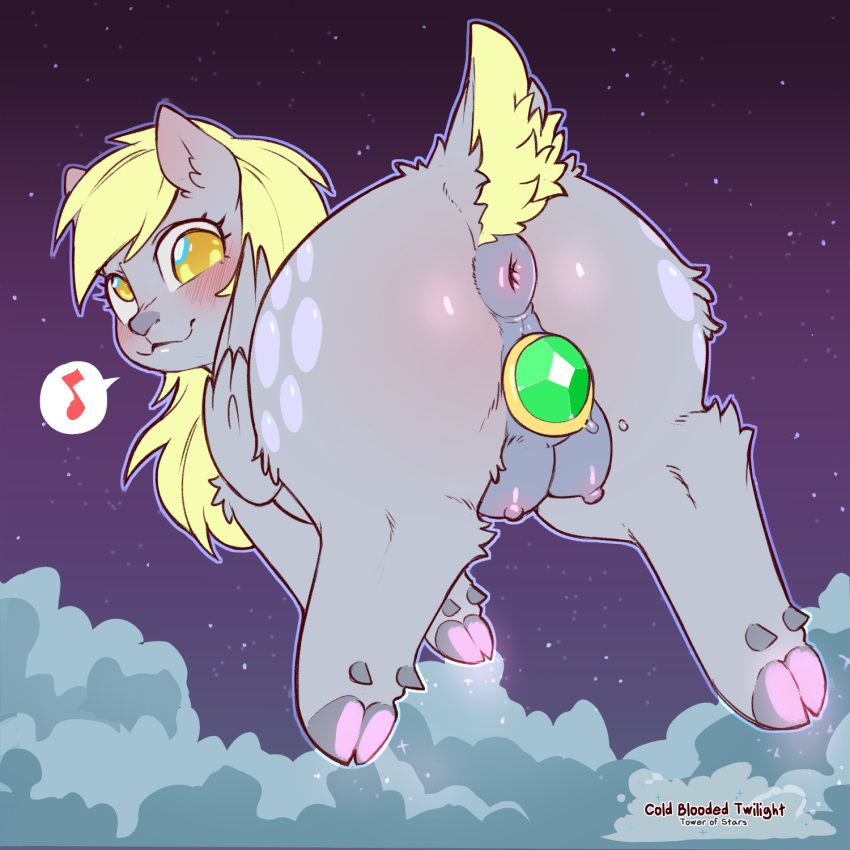alternate_species anthro anus artist_name blonde_hair blush butt cloven_hooves cold-blooded-twilight cutie_mark deer derpy_hooves_(mlp) english_text female friendship_is_magic hair hasbro hi_res hooves long_hair looking_at_viewer looking_back mammal musical_note my_little_pony new_world_deer night nipples penetration quadruped reindeer sky solo tail teats text vaginal vaginal_penetration