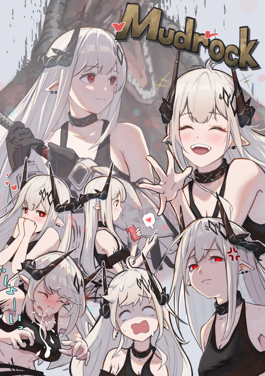 1girl absurdres anger_vein arknights character_name collar crop_top expressions heart heart-shaped_pupils highres horns mudrock_(arknights) multiple_views open_mouth pointy_ears red_eyes renkon_logistics sneezing snot symbol-shaped_pupils white_hair