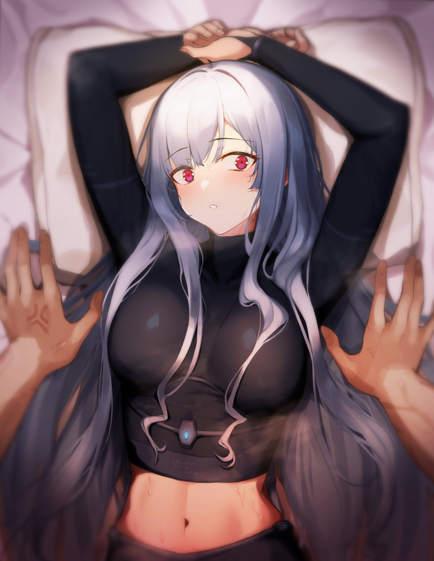 1girl 1other 3_small_spiders absurdres ak-12 anger_vein arms_up assault_rifle black_shirt blush breasts commentary_request crop_top fingernails girls'_frontline gun highres kalashnikov_rifle large_breasts long_hair long_sleeves looking_at_viewer lying midriff navel on_back parted_lips pillow pov pov_hands red_eyes rifle shirt solo_focus steaming_body sweat turtleneck upper_body weapon