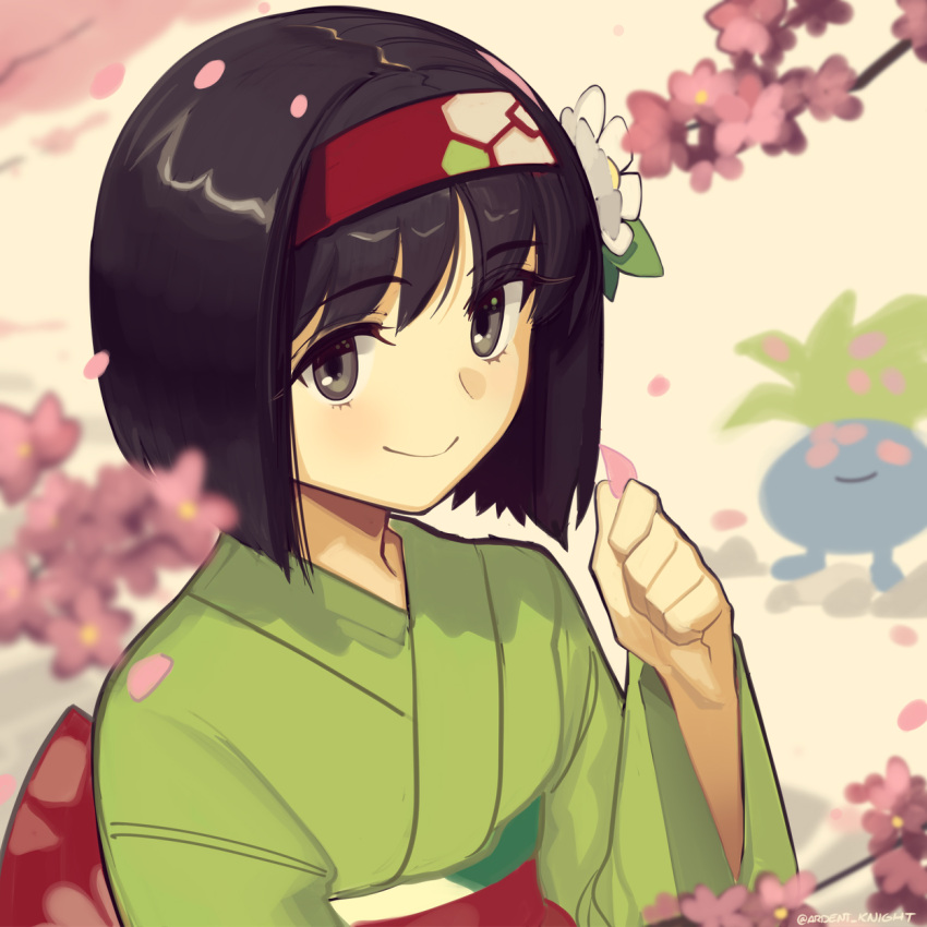 1girl black_hair boa_(brianoa) breasts cherry_blossoms erika_(pokemon) flower green_kimono grey_eyes hairband highres japanese_clothes kimono long_sleeves looking_at_viewer oddish pokemon pokemon_frlg sash short_hair small_breasts smile solo_focus wide_sleeves