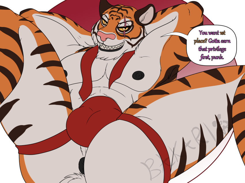 anthro anus big_chief_bakari_(artist) bulge butt clothing epic_games felid fortnite fur grin hands_behind_head hi_res jockstrap legs_up lying male mammal markings muscular muscular_male necktie nipples on_back orange_body orange_fur oscar_(fortnite) pantherine scar smile solo striped_body striped_fur striped_markings stripes suggestive suggestive_dialogue teeth tiger underwear white_body white_fur yellow_eyes