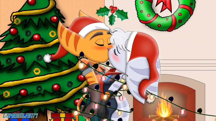 animated blush chimney christmas christmas_clothing christmas_decorations christmas_headwear christmas_lights christmas_present christmas_tree clothing duo ear_piercing ear_ring eyes_closed female fluffy fluffy_tail gameralfa117 gift hat headgear headwear hi_res holidays kiss_on_lips kissing love male male/female mistletoe piercing plant ratchet ratchet_and_clank ring_piercing rivet_(ratchet_and_clank) romantic romantic_ambiance romantic_couple santa_hat scarf sony_corporation sony_interactive_entertainment tail tree