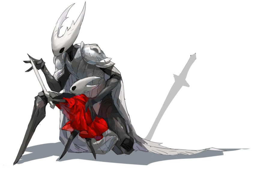 1girl 1other androgynous armor arthropod_girl arthropod_limbs black_skin breastplate cape cloak colored_skin from_side full_body grey_cape hand_on_another's_back hashtag_only_commentary height_difference holding holding_sword holding_weapon hollow_knight hollow_knight_(character) hornet_(hollow_knight) horns joints no_mouth on_one_knee pauldrons red_cloak shoulder_armor simple_background standing sword weapon white_background xiaopizi32439