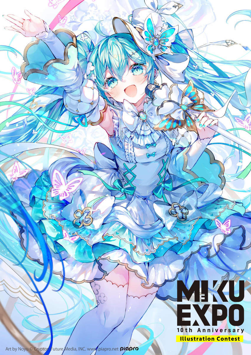 1girl :d absurdres ahoge aqua_eyes aqua_hair aqua_nails aqua_ribbon bug butterfly detached_sleeves dress hatsune_miku highres holding holding_microphone microphone noyu_(noyu23386566) ribbon sleeveless sleeveless_dress smile solo thighhighs twintails vocaloid white_dress white_thighhighs wide_sleeves zettai_ryouiki