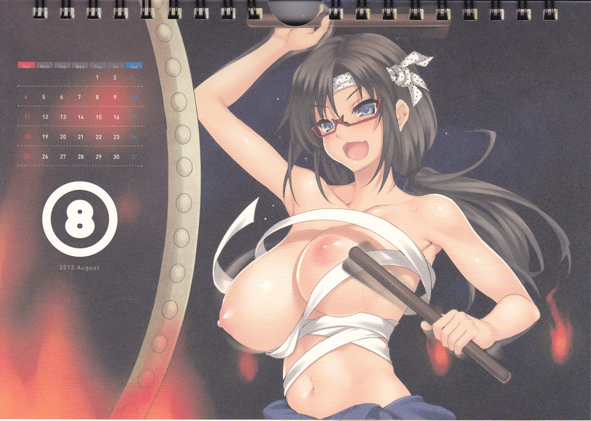 1girl areolae arm_up armpits arms_up bare_shoulders black_hair blue_eyes blush bouncing_breasts breasts bust calendar collarbone drum female field fire glasses hands headband highres holding instrument kure_masahiro large_breasts long_hair looking_at_viewer makinami_mari_illustrious navel neon_genesis_evangelion nipples no_shirt open_mouth puffy_nipples red-framed_glasses sarashi semi-rimless_glasses shadow simple_background smile solo standing sweat taiko tongue twintails upper_body wardrobe_malfunction