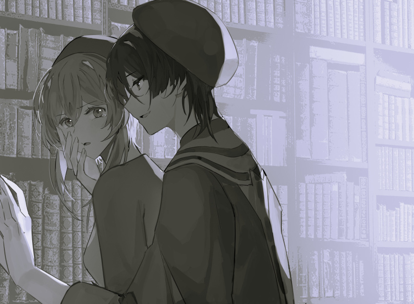 1boy 1girl absurdres alternate_costume blush chamomomm chinese_commentary commentary_request genshin_impact greyscale hand_on_another's_face hat hetero highres indoors library looking_back lumine_(genshin_impact) monochrome scaramouche_(genshin_impact) short_hair