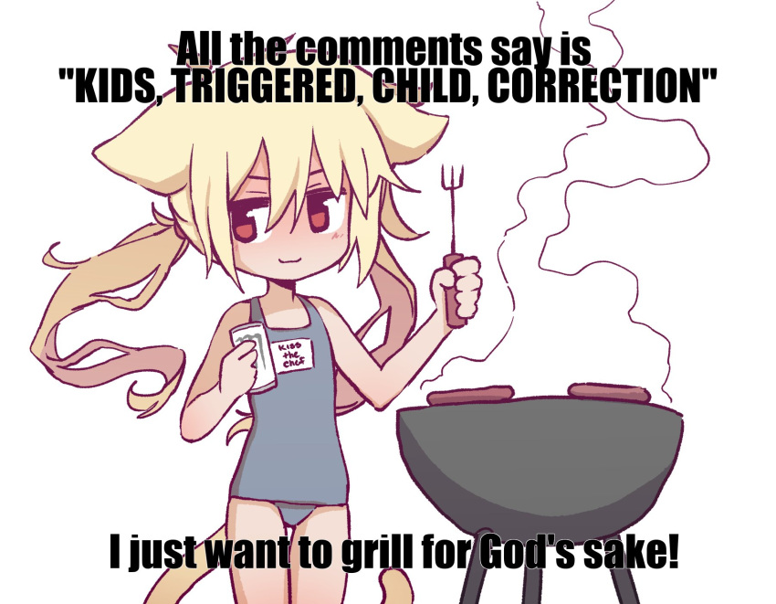 1girl animal_ears blonde_hair cat_ears cat_tail closed_mouth cooking cowboy_shot english_text food fork grill grilling highres holding holding_fork i_just_wanna_grill_for_god's_sake_(meme) jitome long_hair looking_to_the_side meme monster_energy one-piece_swimsuit orenji_(wholesomeorenji) original red_eyes sausage smile smoke solo swimsuit tail twintails white_background