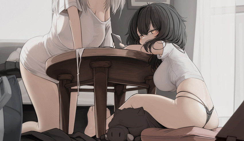 2girls ass barefoot black_hair black_panties breasts cleavage commentary_request curtains genek grey_hair indoors kneeling large_breasts looking_at_viewer multiple_girls original panties shirt short_hair sitting t-shirt table thighs toes underwear white_shirt window yellow_eyes