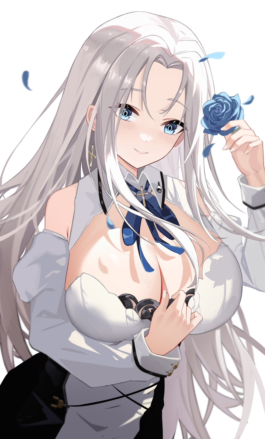 1girl absurdres azur_lane bare_shoulders blue_eyes blue_flower blue_ribbon blue_rose breasts chinese_commentary cleavage closed_mouth clothing_cutout commentary cowboy_shot cross cross_earrings dress earrings falling_petals flower hand_up highres holding holding_flower jewelry large_breasts long_hair long_sleeves looking_at_viewer low_neckline neck_ribbon parted_bangs petals ribbon rose rose_petals shoulder_cutout sidelocks simple_background smile solo standing tns-yoru very_long_hair white_background white_dress white_hair yorktown_(azur_lane) yorktown_ii_(azur_lane)