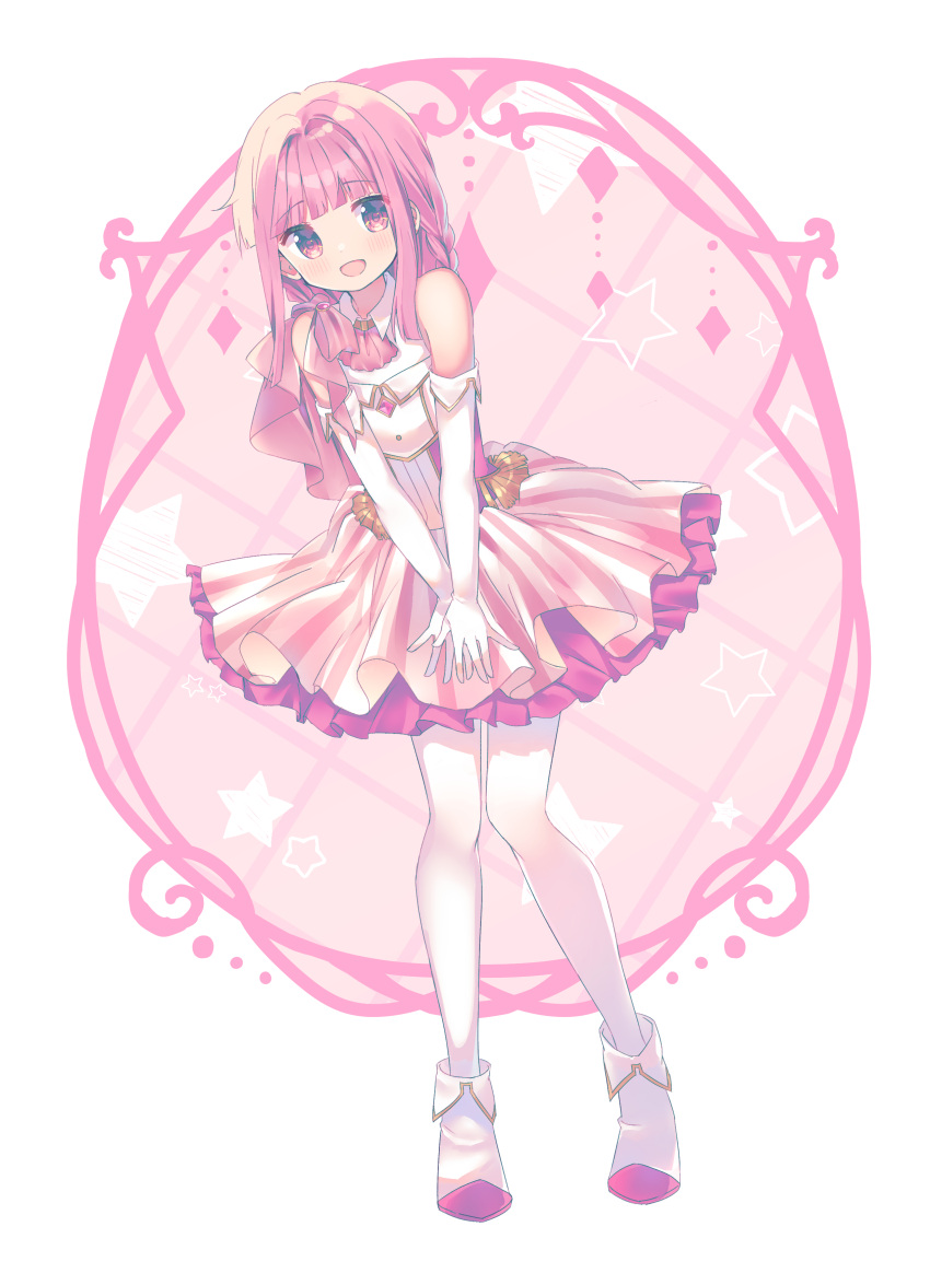 1girl :d absurdres ascot braid diamond_(shape) dress elbow_gloves gloves highres magia_record:_mahou_shoujo_madoka_magica_gaiden mahou_shoujo_madoka_magica pink_ascot pink_eyes pink_hair ruru_(rurumagi) sleeveless sleeveless_dress smile solo star_(symbol) tamaki_iroha white_footwear white_gloves