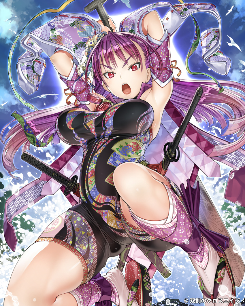 armpits bad_id bad_pixiv_id bike_shorts breasts colorful detached_sleeves foreshortening highres impossible_clothes impossible_shirt japanese_clothes katana large_breasts long_hair miyamoto_musashi nakabayashi_reimei one_knee open_mouth purple_hair red_eyes sheath sheathed shiny shiny_hair shirt souken_no_cross_age sword tabi weapon