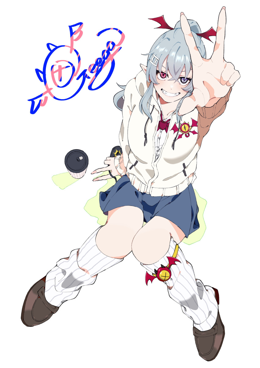 1girl absurdres alternate_costume blue_eyes blue_skirt brown_footwear character_signature coffee_cup cup demon_tail demon_wings disposable_cup dress_shirt fangs geega_(vtuber) grey_hair hair_ornament heterochromia high_ponytail highres hood hoodie knees_together_feet_apart loafers long_hair long_sleeves looking_at_viewer neck_ribbon partially_unzipped pointy_ears red_eyes red_ribbon ribbon school_uniform shirt shoes sidelocks sitting skirt smile solo tail teeth v virtual_youtuber vshojo white_background white_leg_warmers white_shirt wing_hair_ornament wings yncs_54