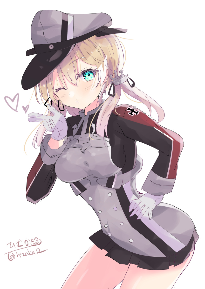 1girl absurdres anchor_hair_ornament aqua_eyes artist_logo black_skirt blonde_hair blowing_kiss cross hair_ornament hand_on_own_hip hat highres hizaka iron_cross kantai_collection long_hair low_twintails microskirt military_hat military_uniform one-hour_drawing_challenge one_eye_closed peaked_cap pleated_skirt prinz_eugen_(kancolle) simple_background skirt solo twintails twitter_username uniform white_background