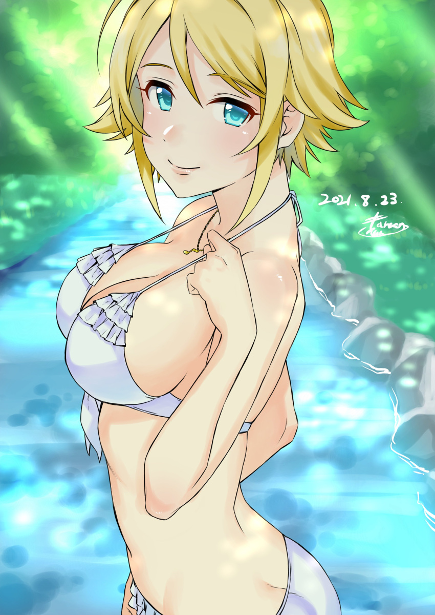 1girl absurdres bare_shoulders bikini blonde_hair blurry blurry_background blush breasts cleavage closed_mouth dappled_sunlight dated day frilled_bikini frills from_side front-tie_bikini_top front-tie_top grass green_eyes hand_up highres idolmaster idolmaster_cinderella_girls idolmaster_cinderella_girls_starlight_stage jewelry large_breasts larmen_sennin looking_at_viewer musical_note_necklace necklace outdoors river short_hair sideboob signature smile solo strap_pull sunlight swimsuit tree umeki_otoha white_bikini